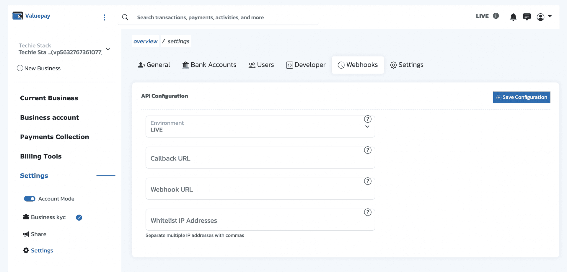 ValuePay merchant dashboard webhook settings page